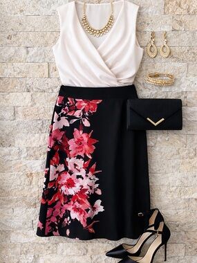 Laura petite Black Pencil Skirt with Pink Floral Side Panel size XL